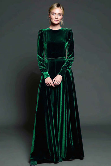 Dark Green A-Line Velvet Long Formal Dress With Long Sleeves